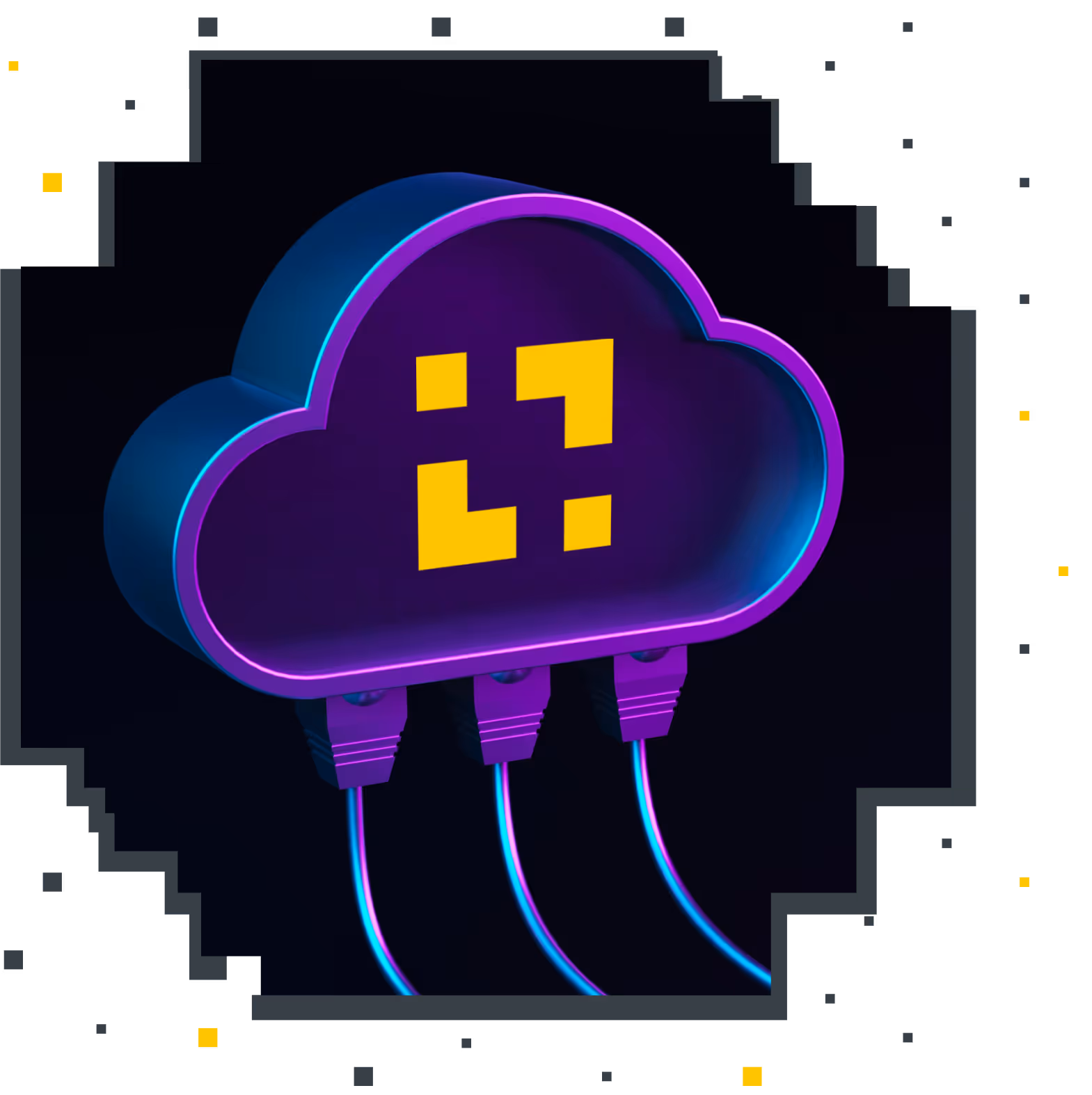 Nuvem digital roxa com fios conectados na parte de baixo e icone da builders amarelo no meio da nuvem