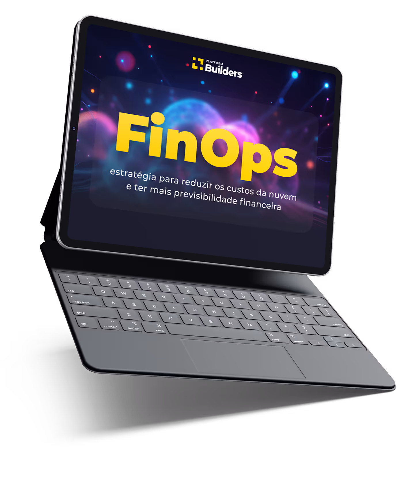 Mockup de um tablet com teclado mostrando a capa do whitepaper