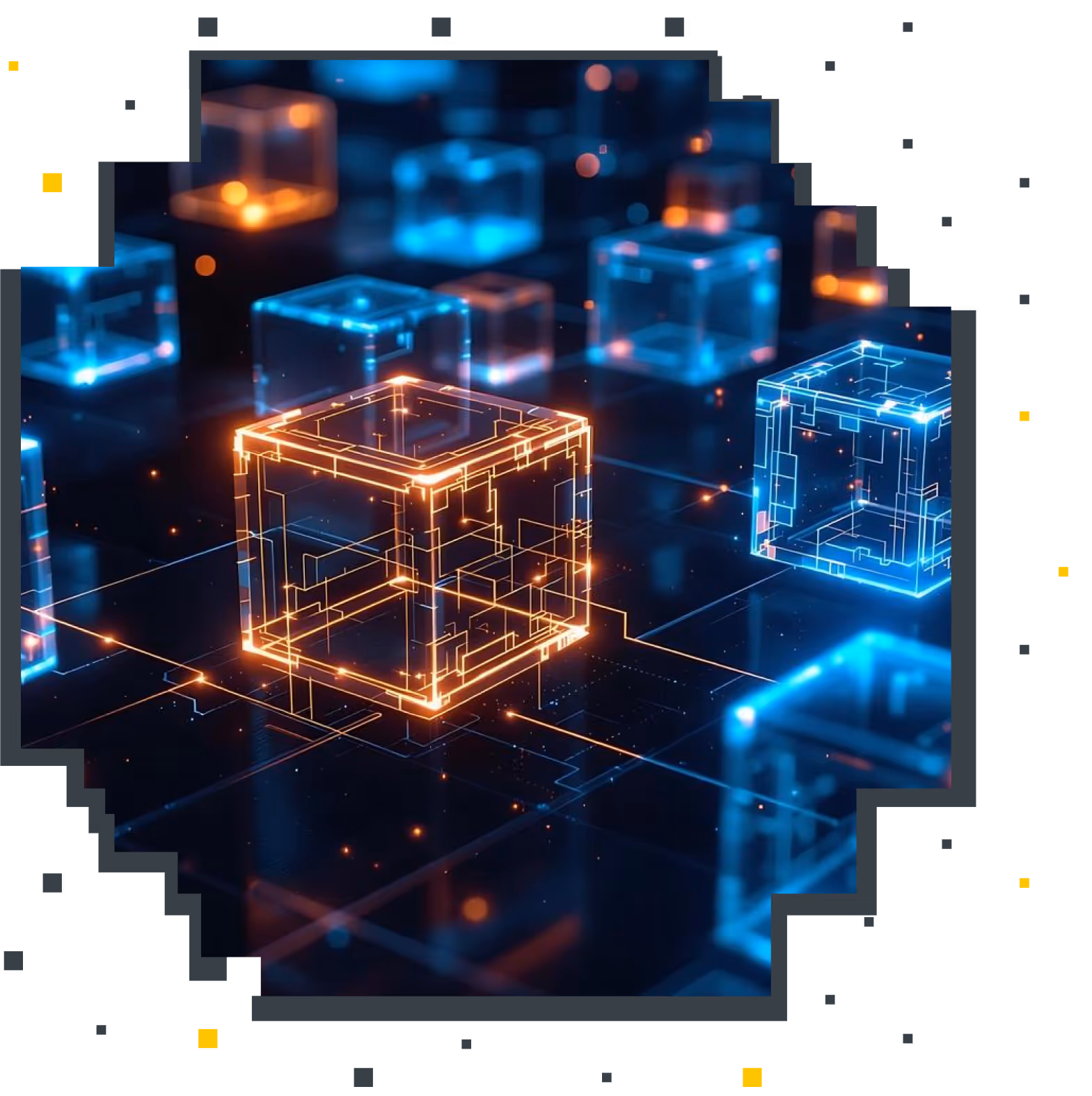 Imagem de vários cubos azuis e destacando no centro um cubo laranja, em cima de uma plataforma digital