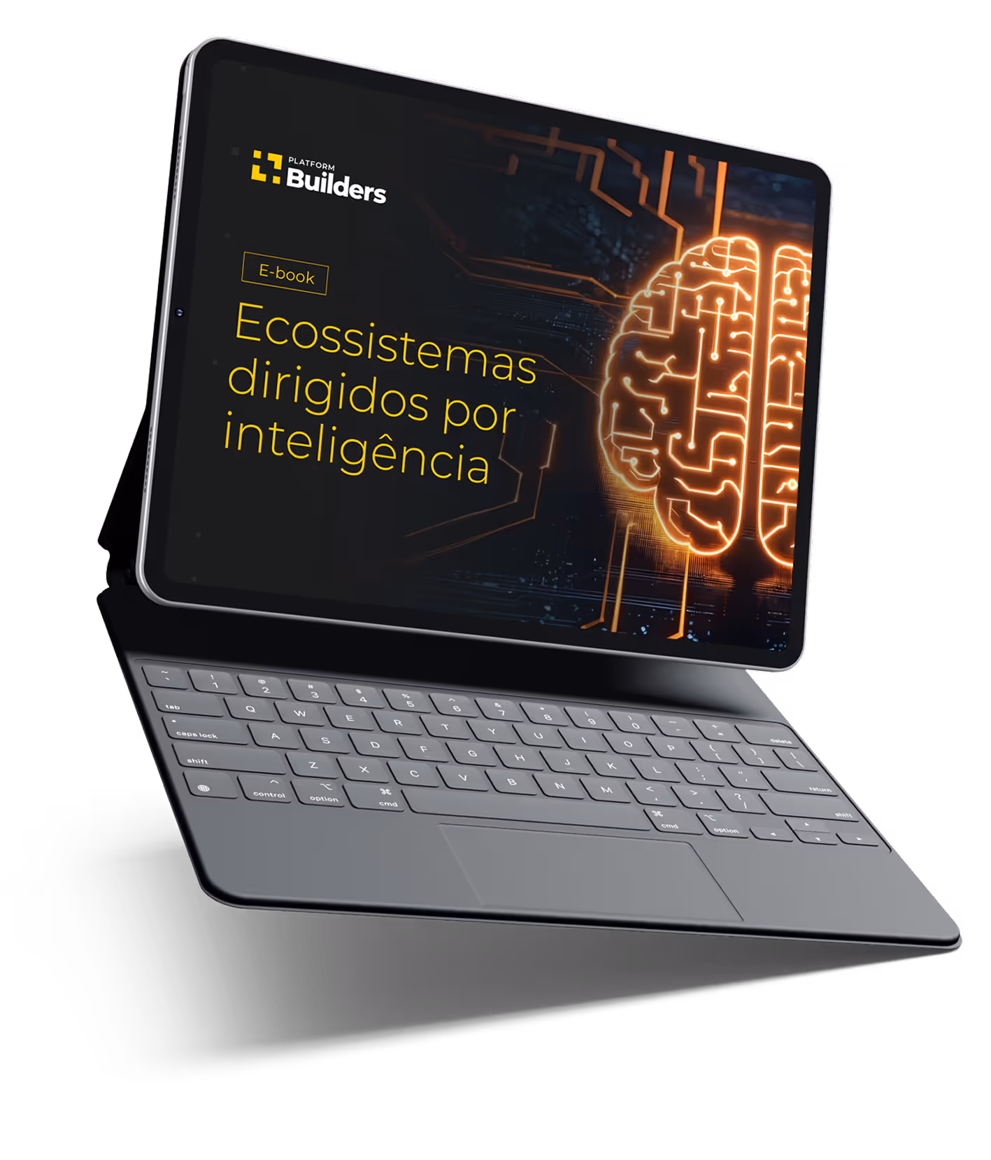 Mockup de um tablet com teclado mostrando a capa do whitepaper