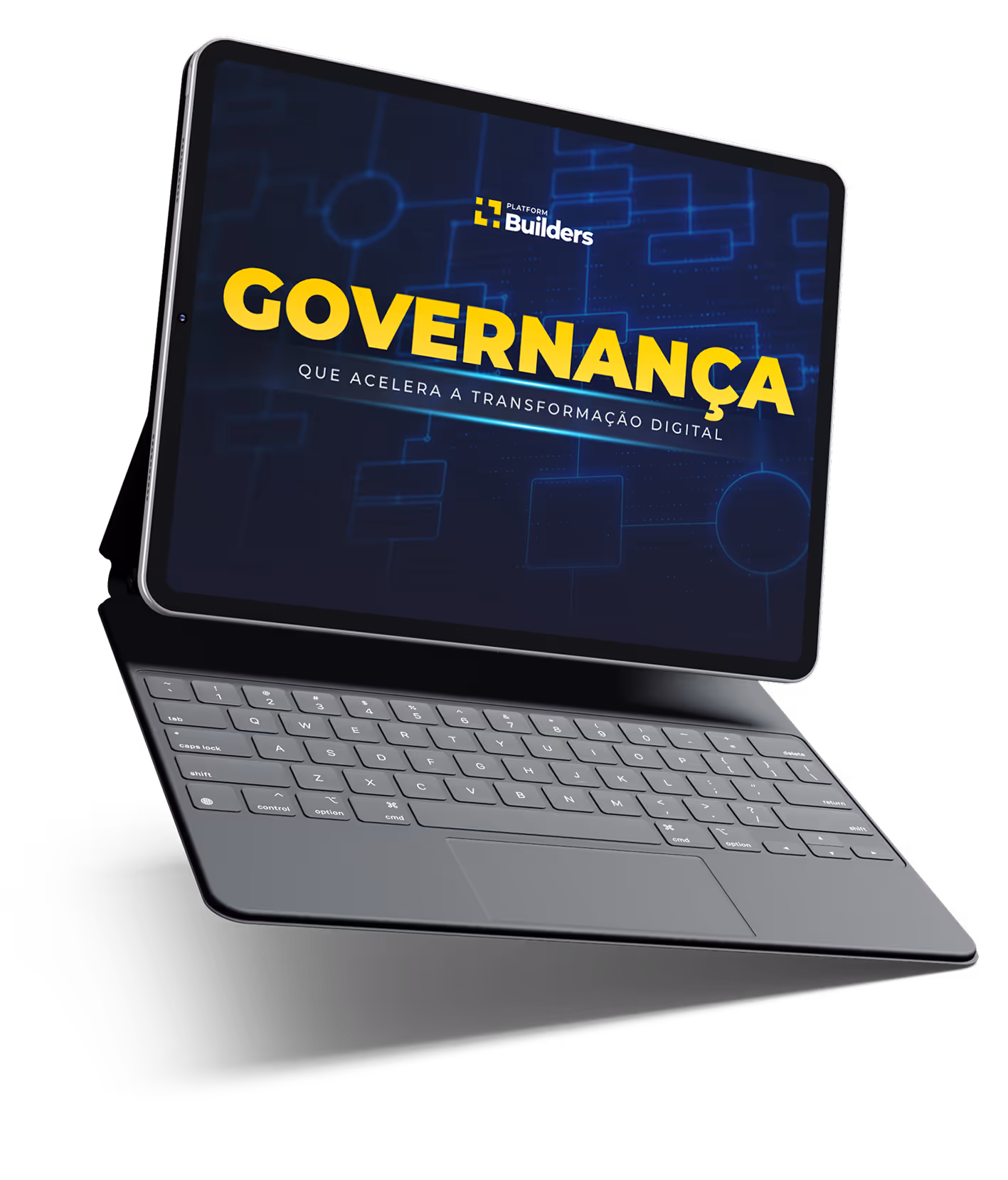 Mockup de um tablet com teclado mostrando a capa do whitepaper