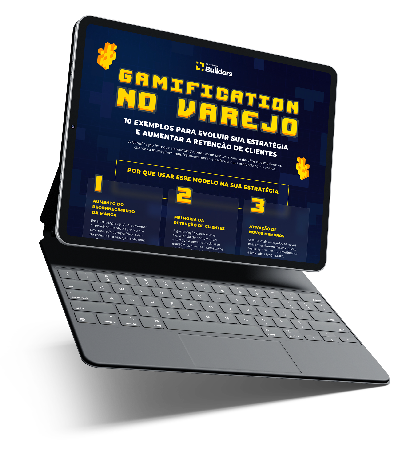 Mockup de um tablet com teclado mostrando a capa do whitepaper