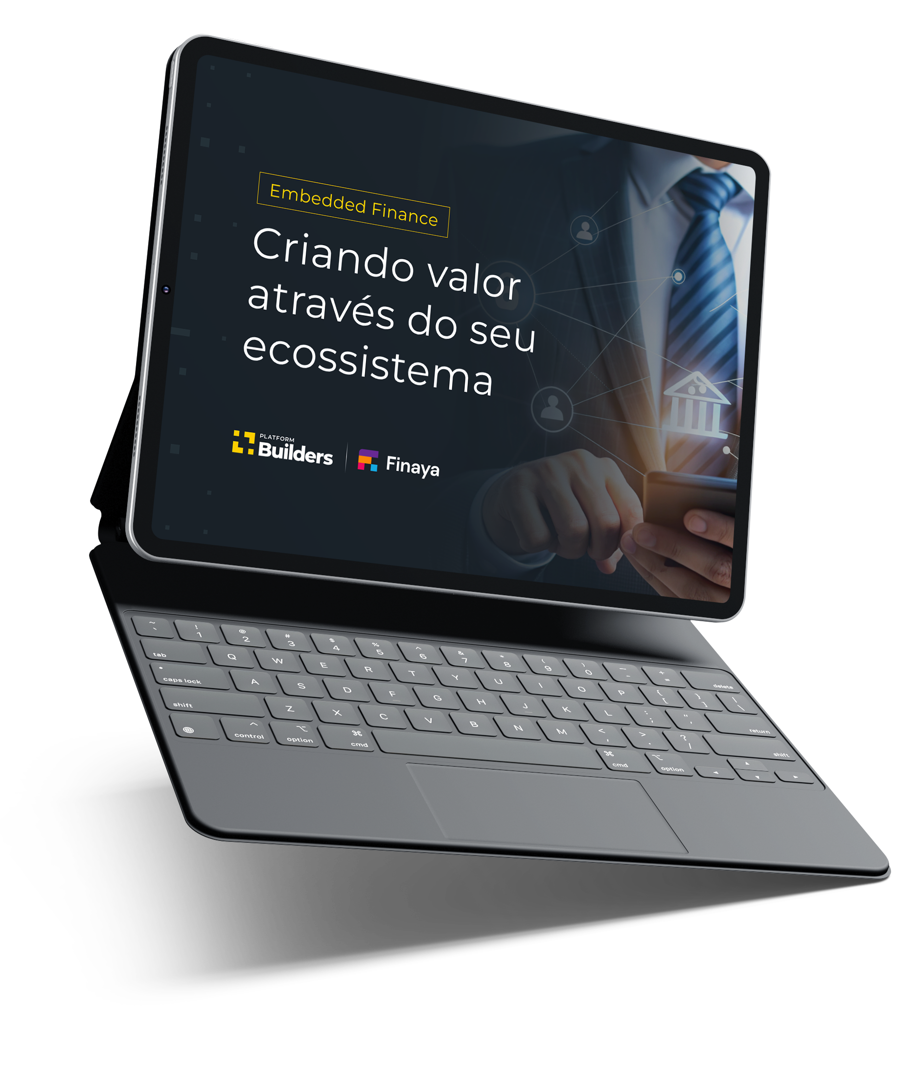 Mockup de um tablet com teclado mostrando a capa do whitepaper