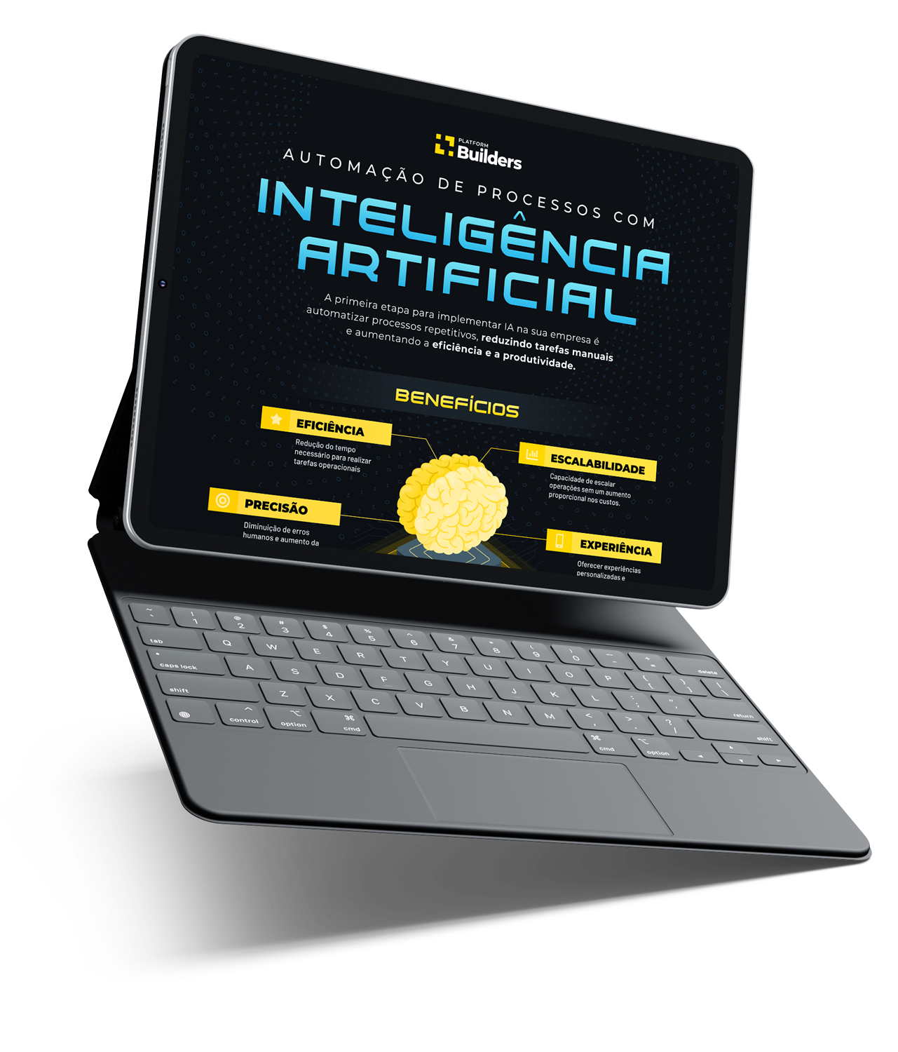 Mockup de um tablet com teclado mostrando a capa do whitepaper