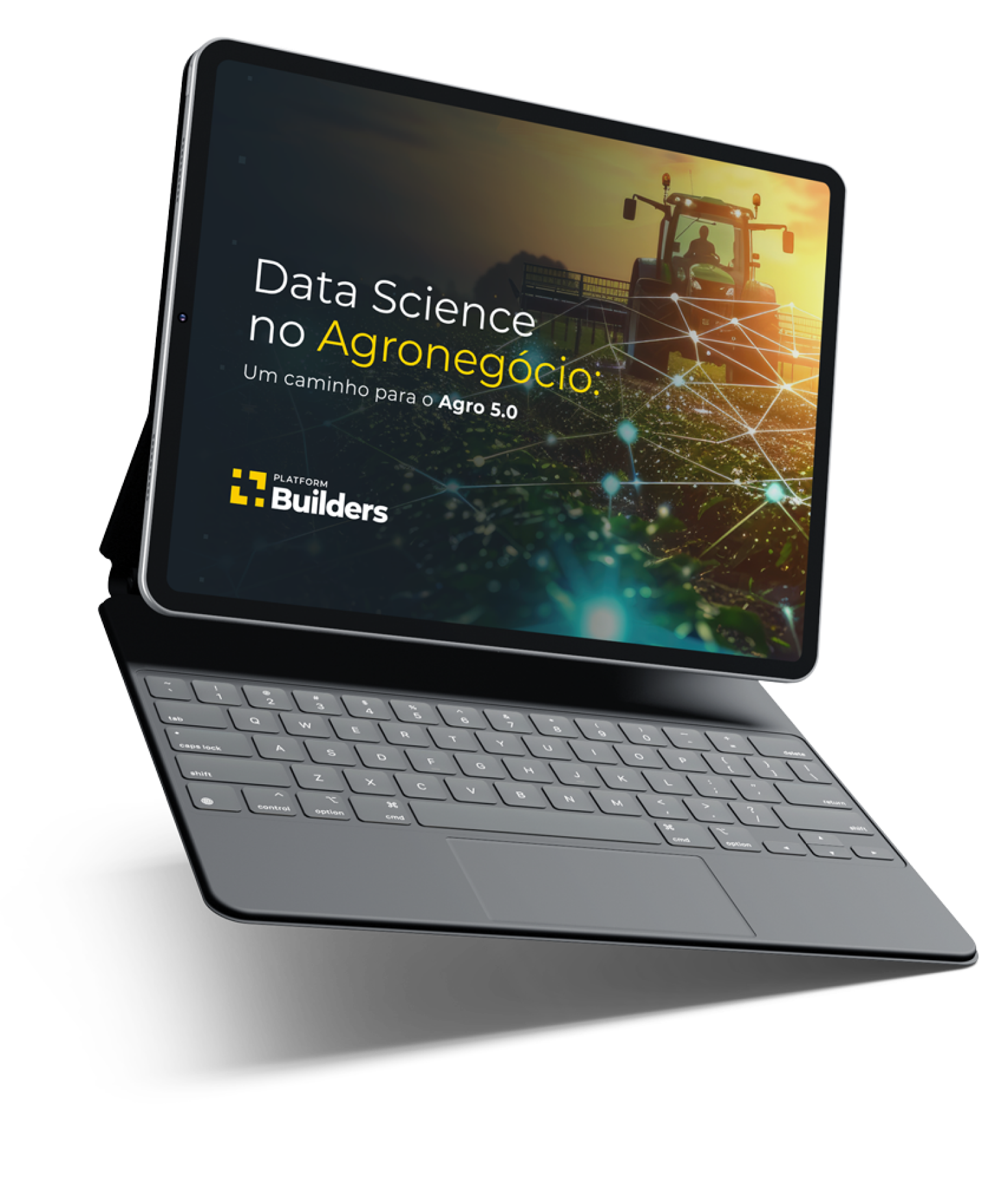 Mockup de um tablet com teclado mostrando a capa do whitepaper