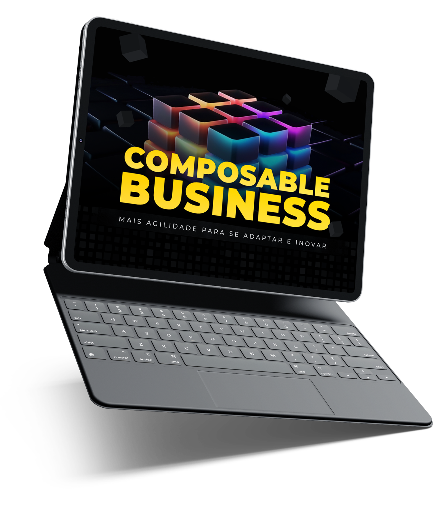 Mockup de um tablet com teclado mostrando a capa do whitepaper