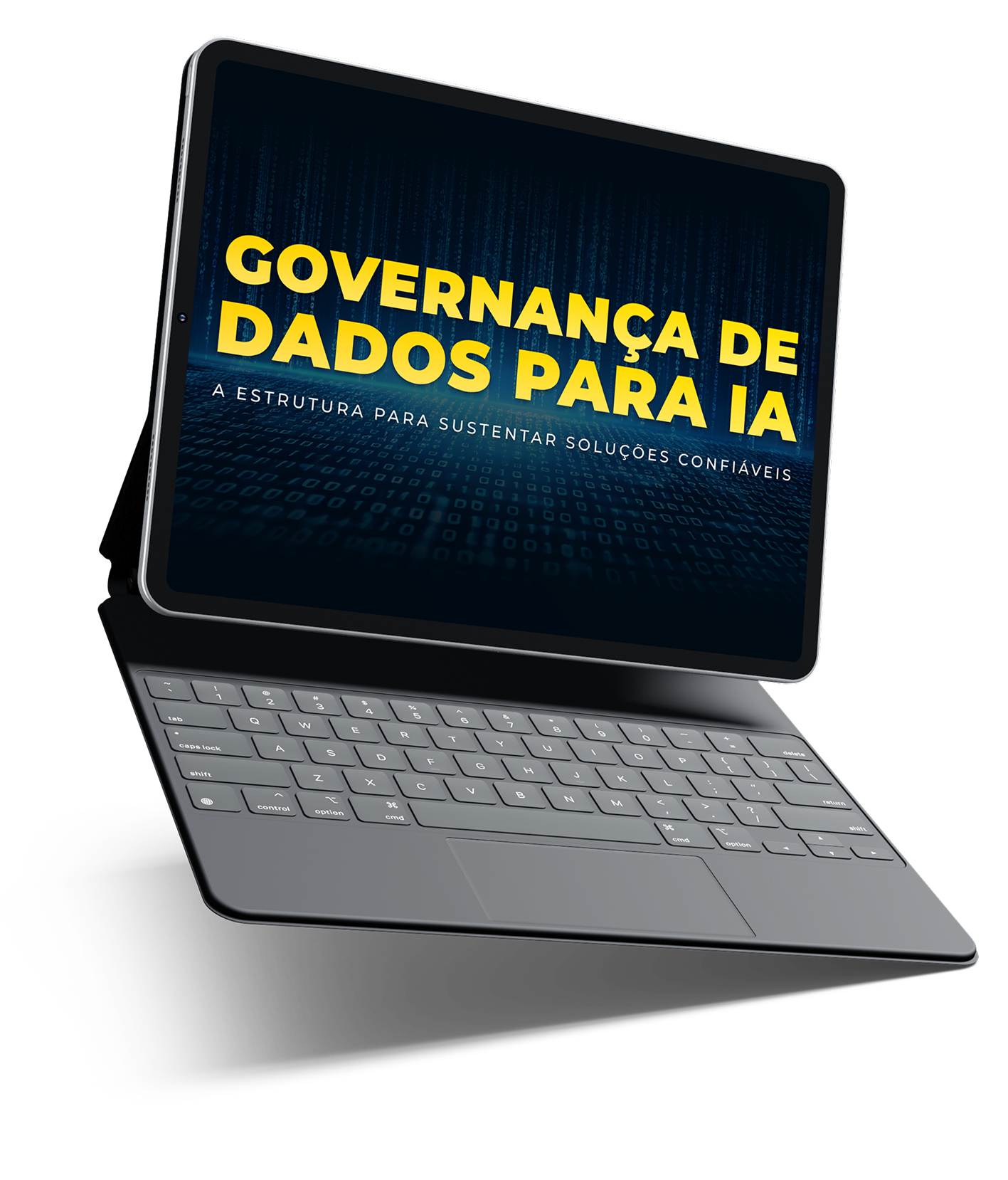 Mockup de um tablet com teclado mostrando a capa do whitepaper