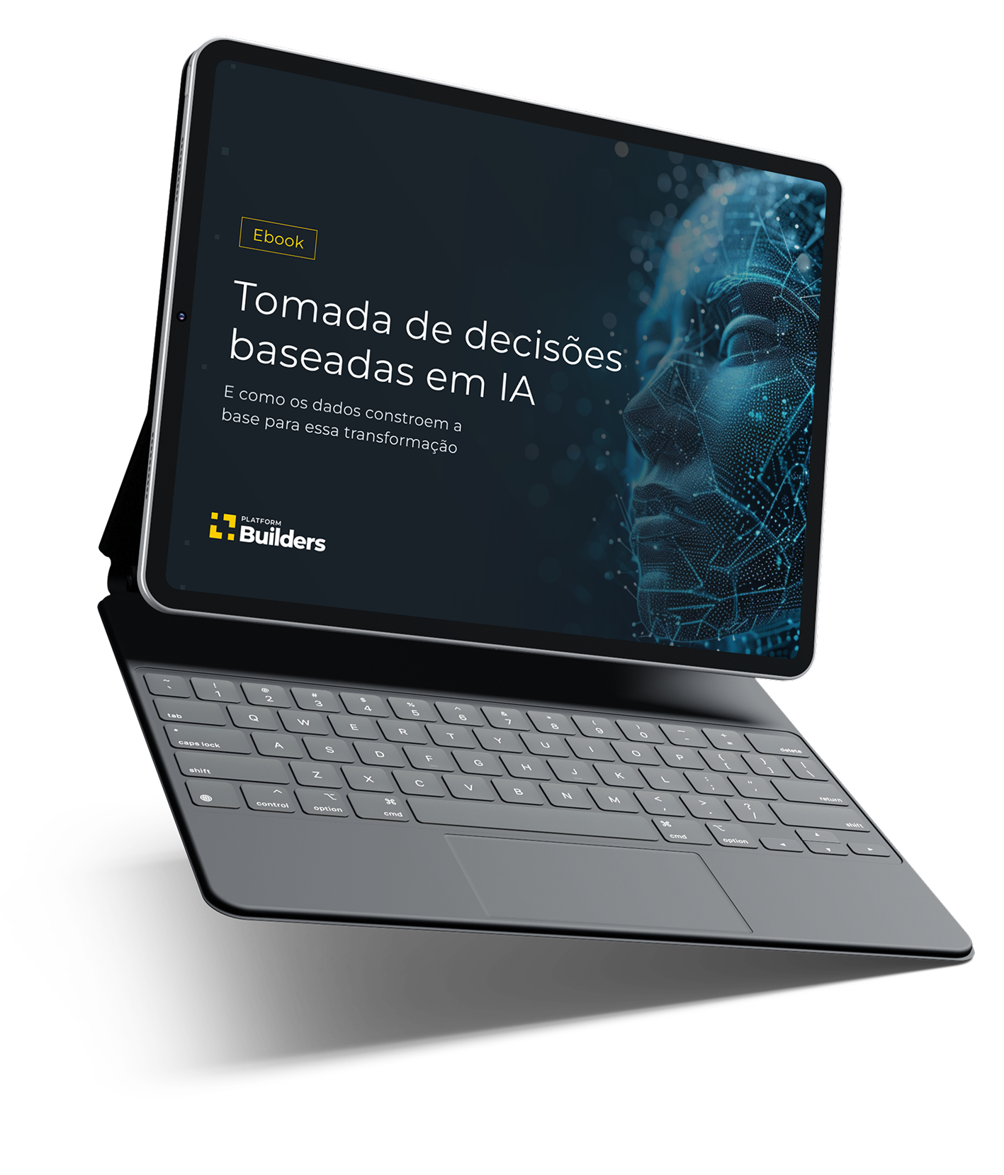 Mockup de um tablet com teclado mostrando a capa do whitepaper