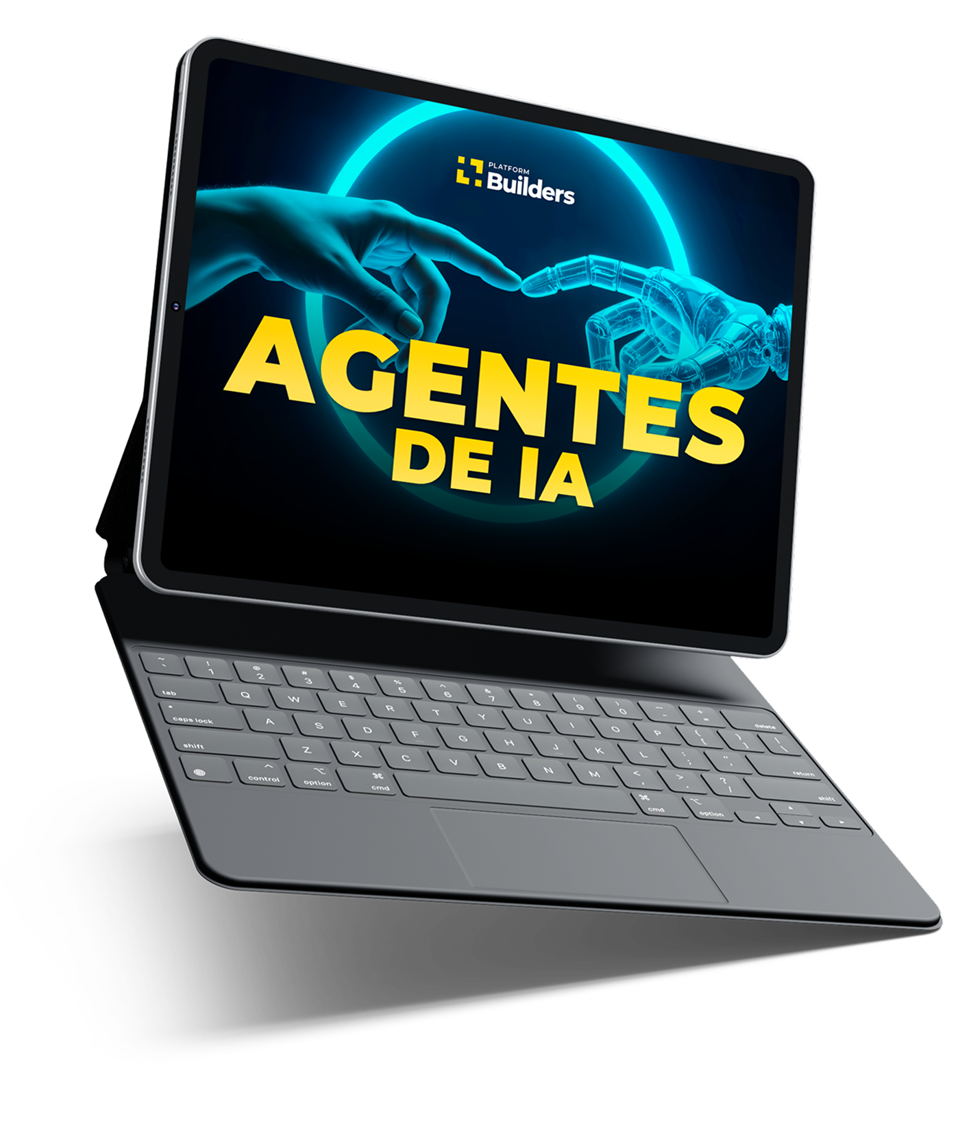 Mockup de um tablet com teclado mostrando a capa do whitepaper