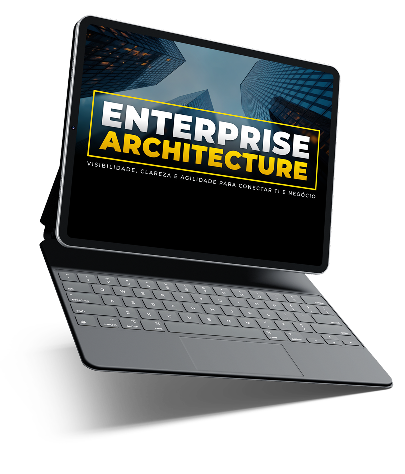 Mockup de um tablet com teclado mostrando a capa do whitepaper