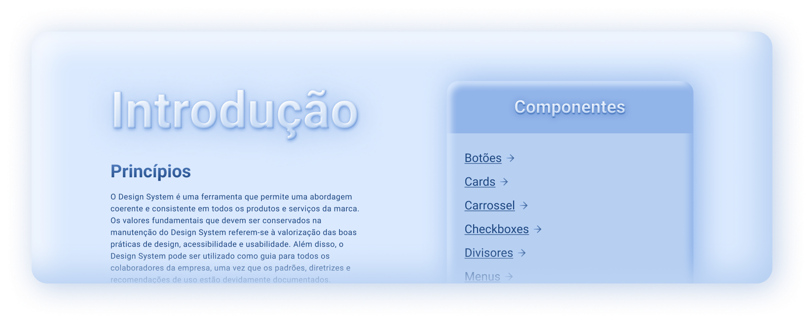 Print da tela inicial do Design System do aplicativo, cujo título “Introdução” é seguido pelo primeiro tópico “Princípios” e embaixo um parágrafo em Lorem Ipsum por questões de privacidade. Ao lado, consta uma janela intitulada “Componentes” com atalho para as seções do Design System, como: botões, cards, carrossel, checkboxes, divisores.