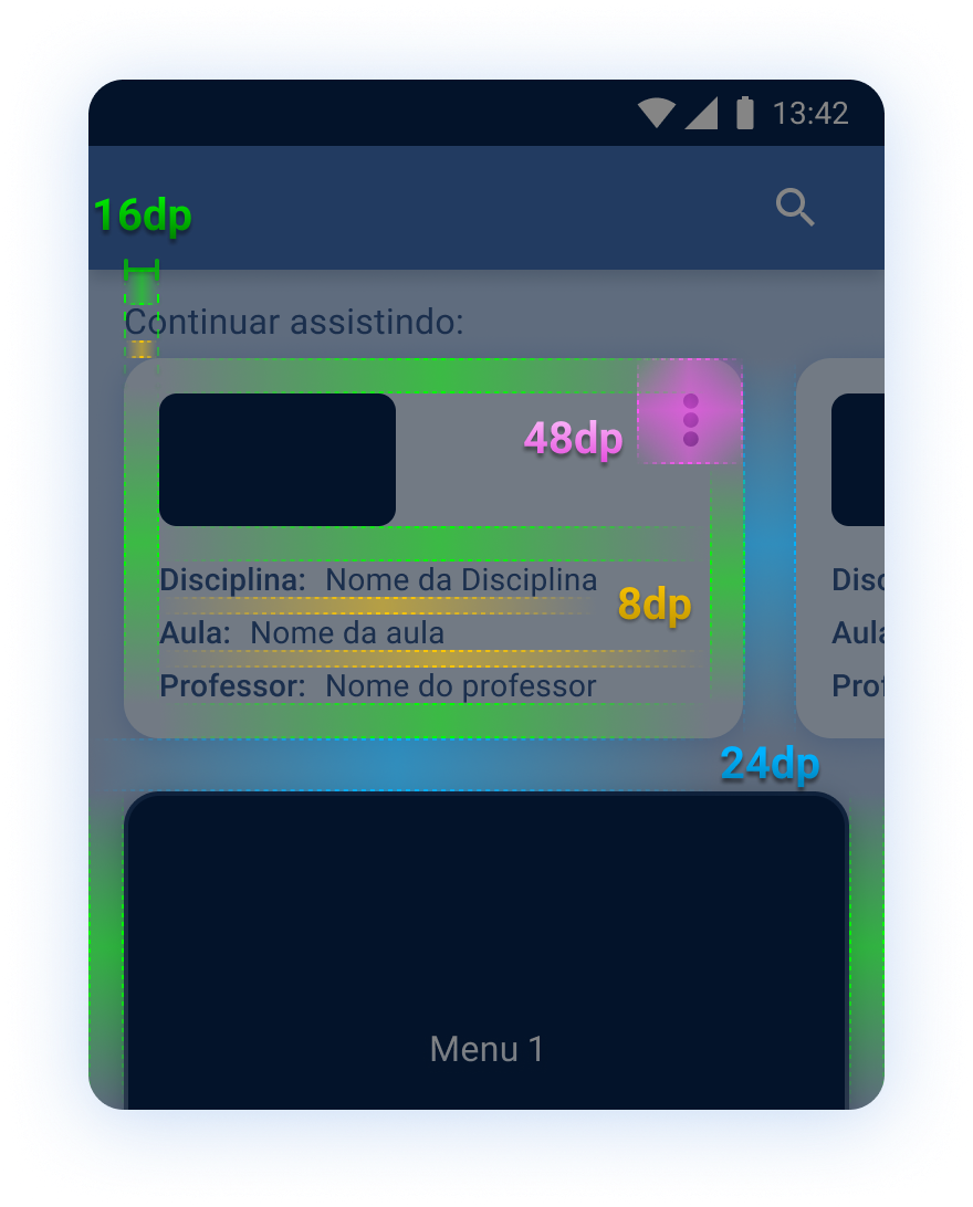 Captura de tela da nova funcionalidade de "Continuar assistindo" com o fundo levemente escurecido mostrando o espaçamento interno e ao redor. O espaçamento de 8dp aparece em um tom amarelado, o de 16dp em um tom verde, o de 24dp em um tom azul, e de 48dp em uma tonalidade roxa.