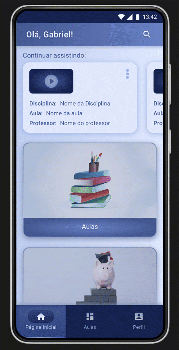 GIF animado exibindo a interação com a nova funcionalidade, arrastando-a para o lado para demonstrar mais de uma aula passível de continuar assistindo.