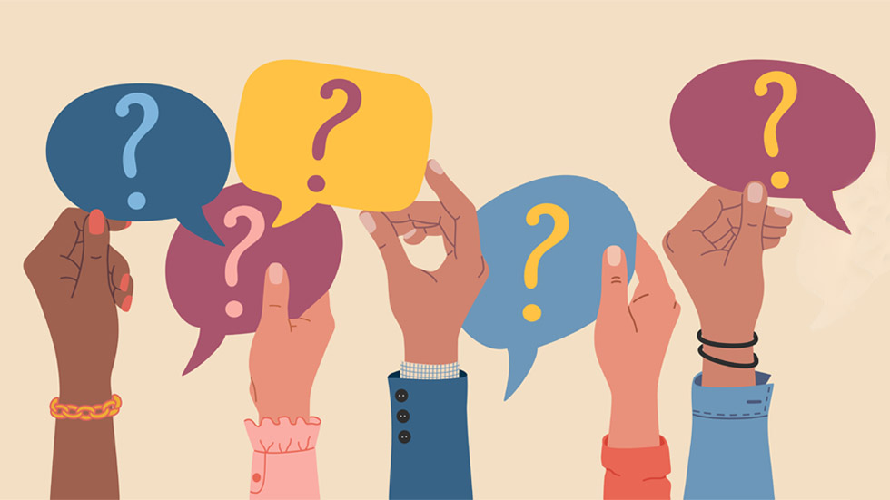 Five illustrated hands holding multi-colored talk bubbles with questions marks in them.