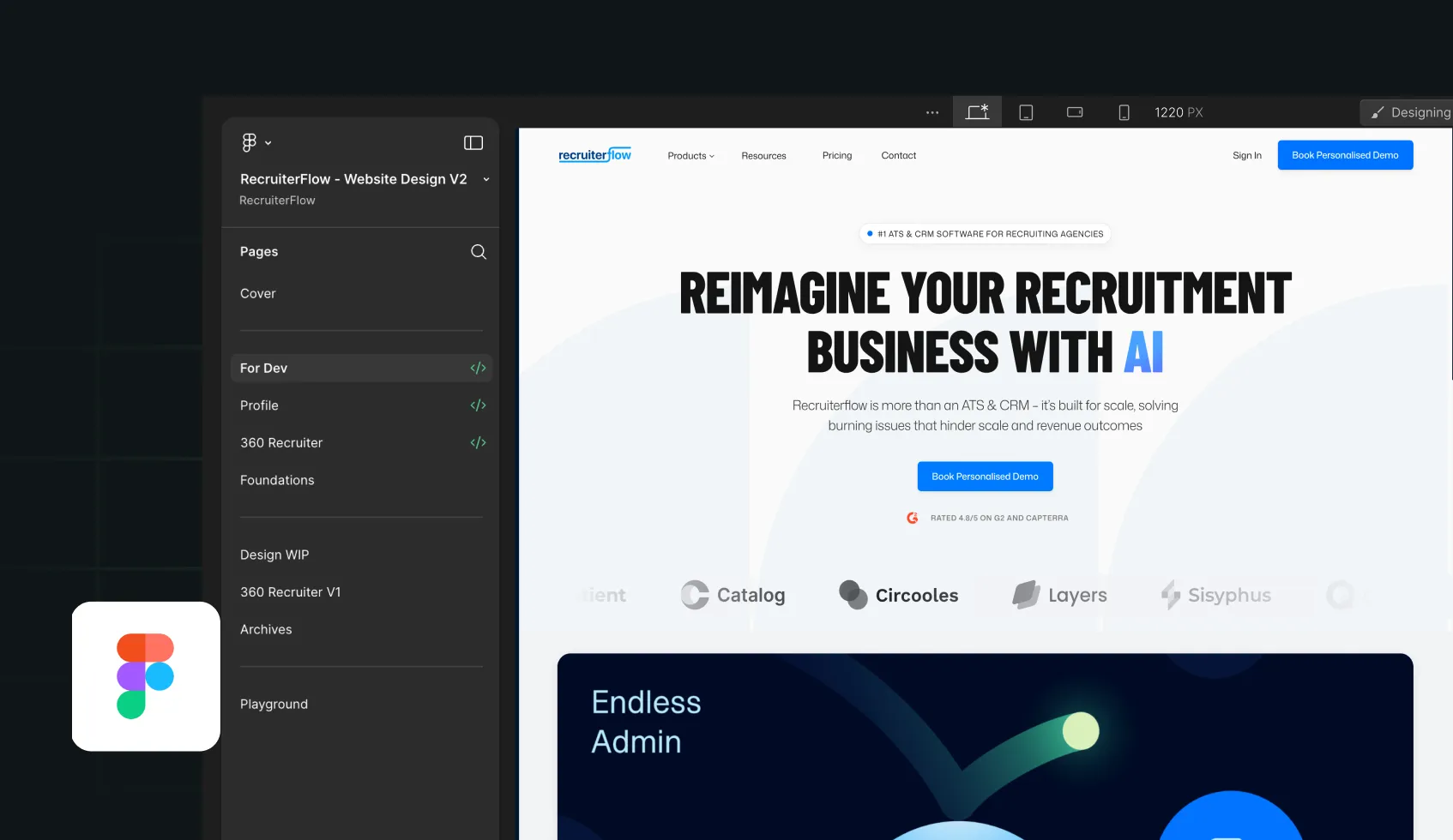 Figma design interface showing RecruiterFlow homepage with AI recruitment business headline.