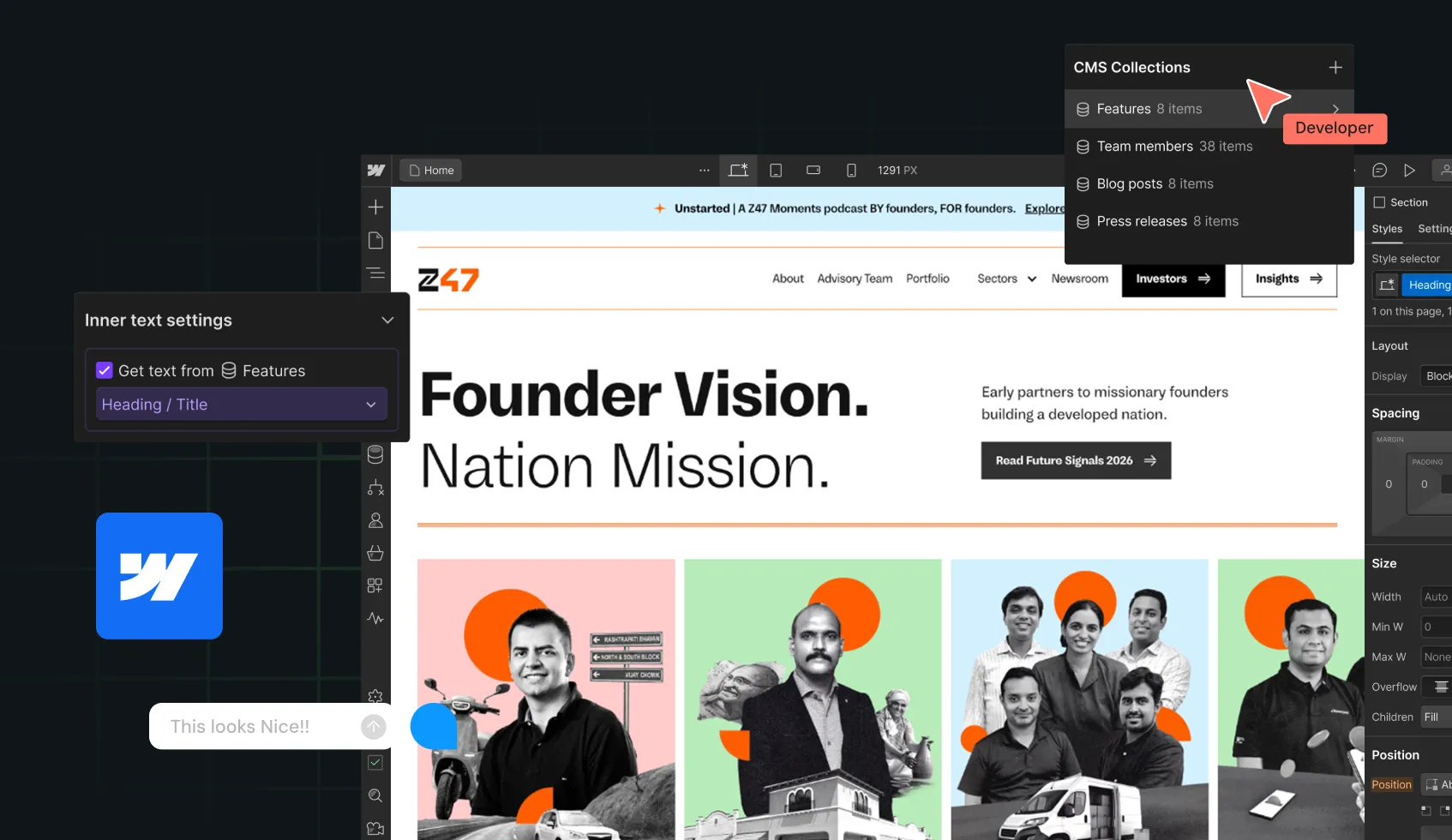 Website design editor showing a startup team page with founder photos and CMS collection settings.