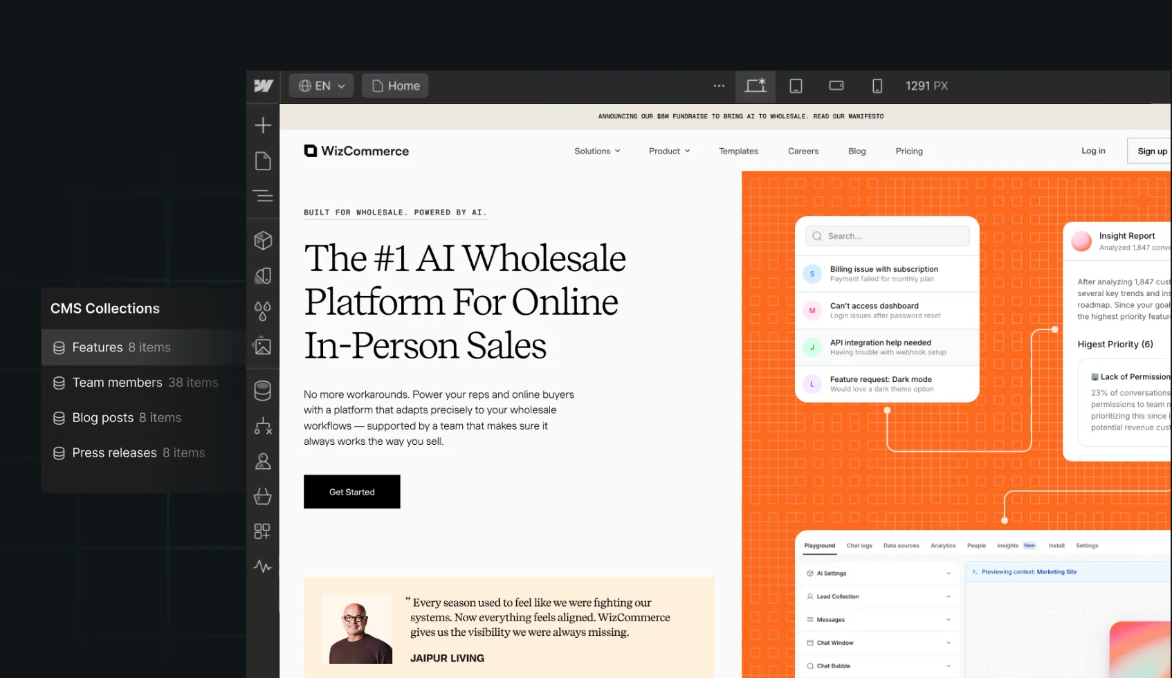 WizCommerce AI wholesale platform website showing features, testimonials, and user interface elements.