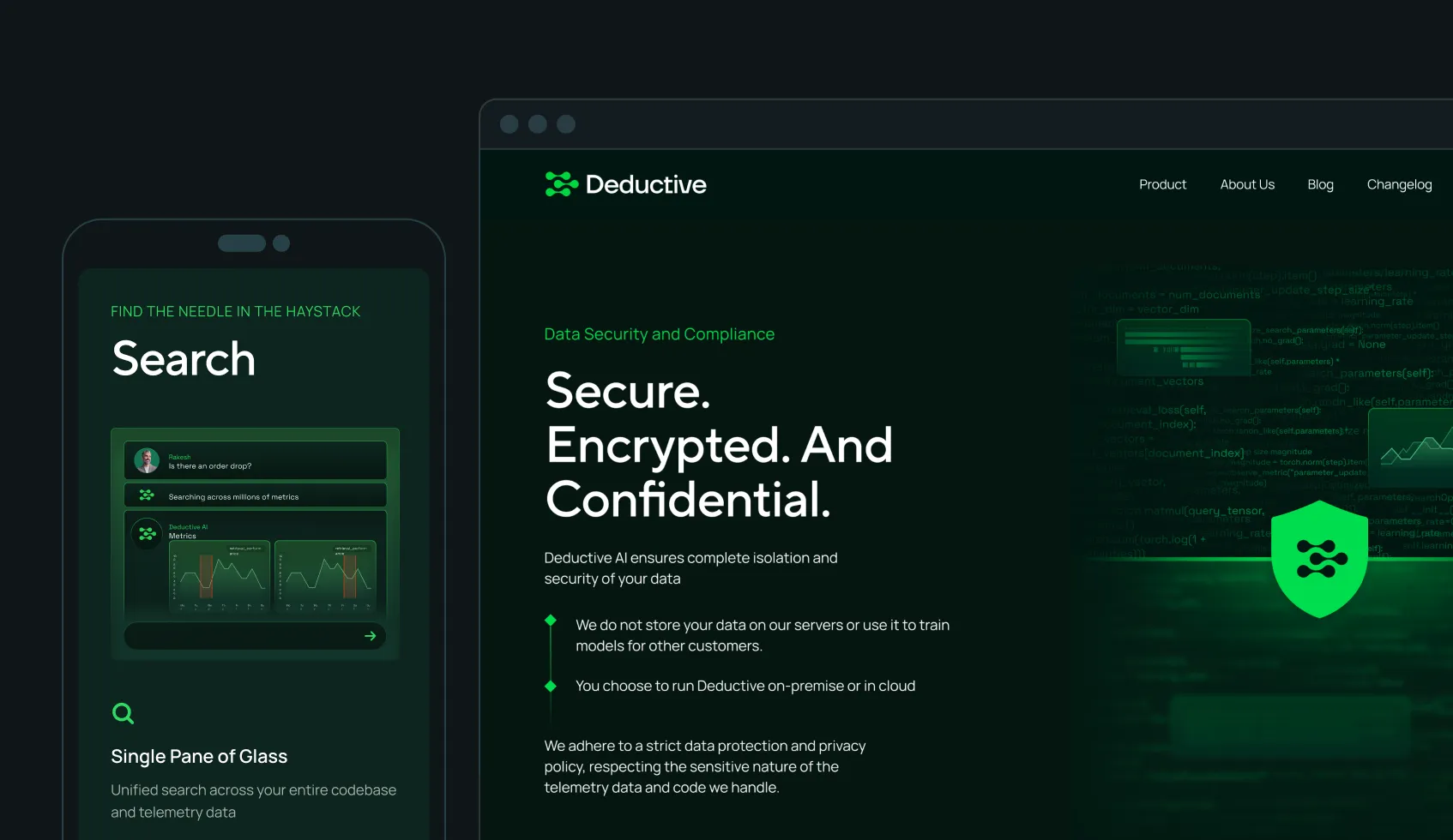 Dark themed Deductive AI page with text about secure, encrypted, confidential data and mobile search example.
