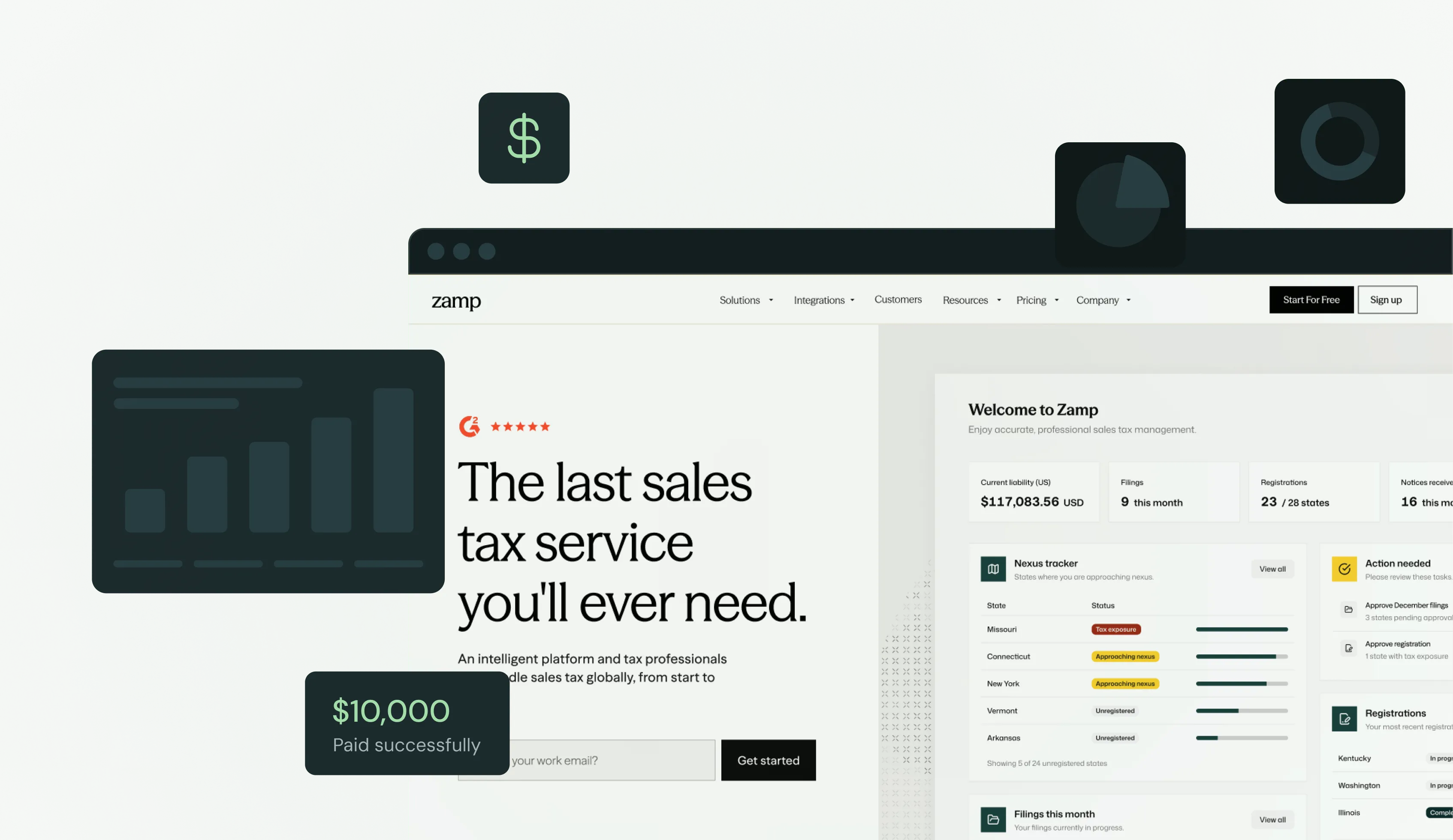 Zamp website homepage showing sales tax service and dashboard with tax status and payments.