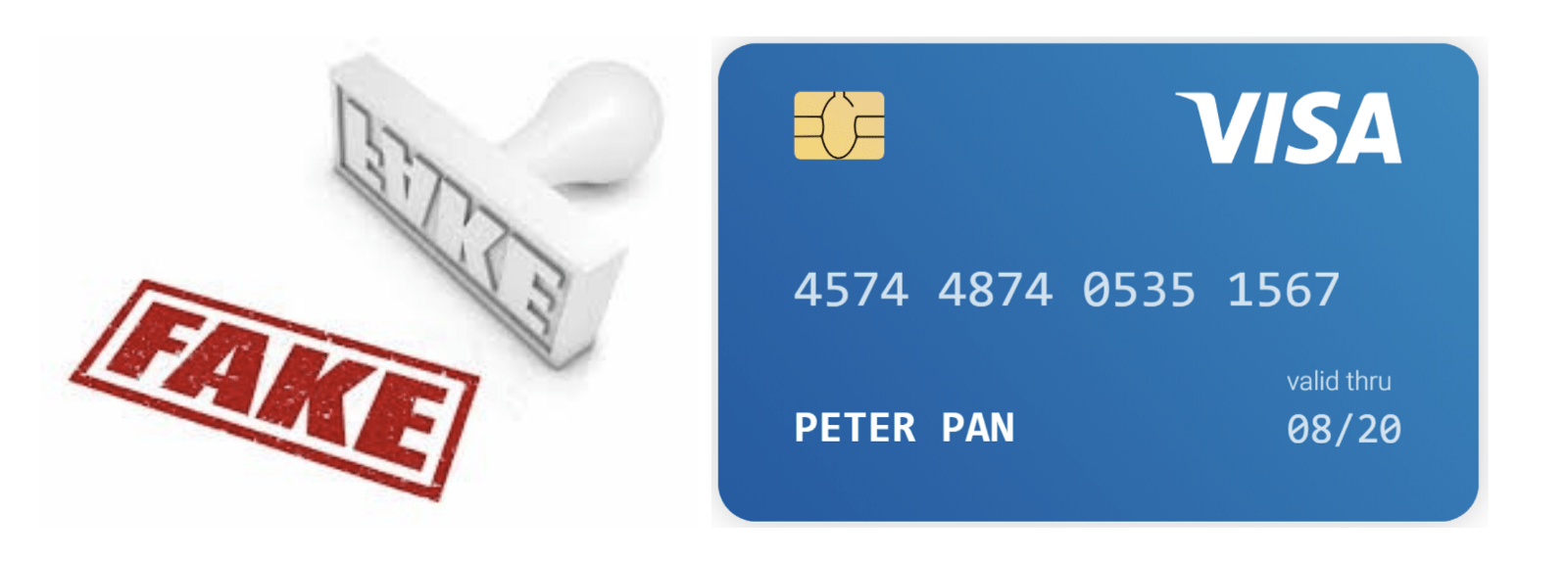 Left: A stamp of the word FAKE. Right: A fake visa credit card with a chip, belonging to PETER PAN.