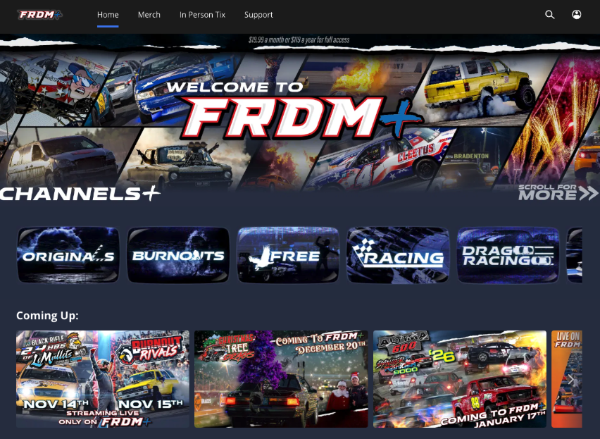 FRDM+ offers video on demand as well as live events - advertised here in the “coming up” reel. 