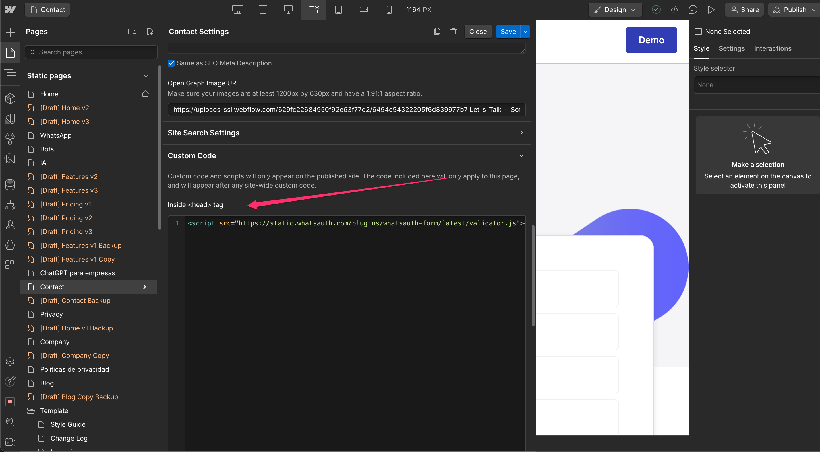 Webflow Page Settings