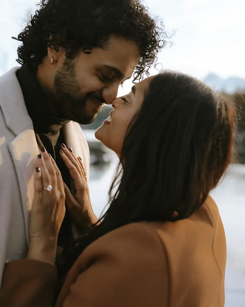 Intimate couple portrait during golden hour in Banff national park