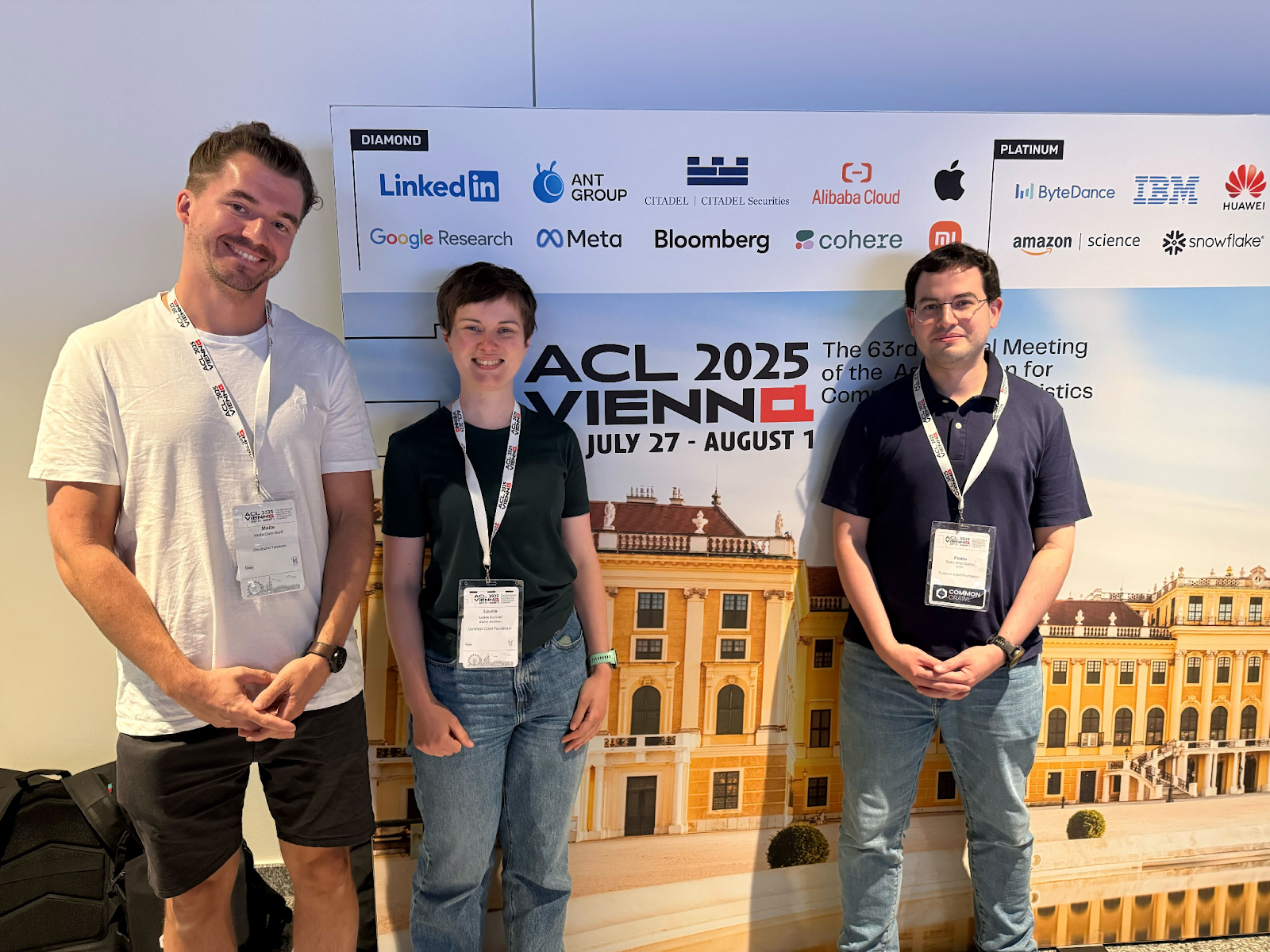 Left to right: Malte Ostendorff, Laurie Burchell, and Pedro Ortiz Suarez at ACL 2025 in Vienna
