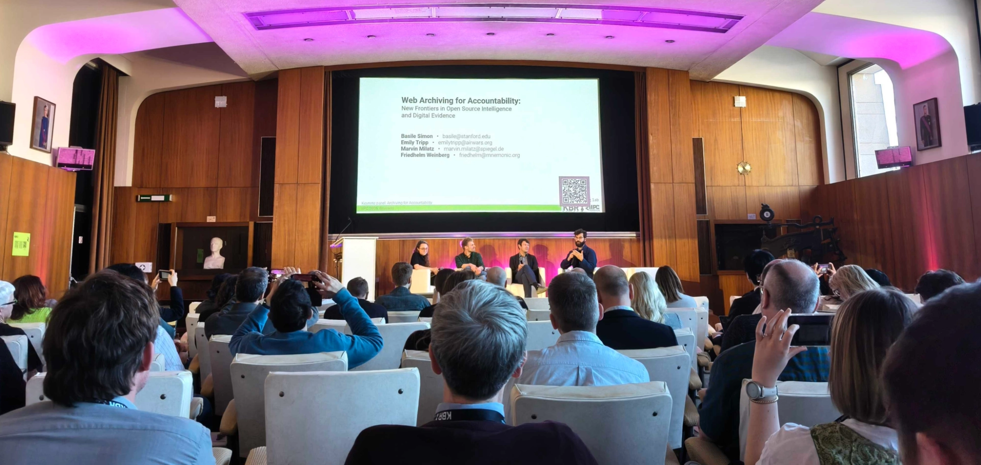 A photograph of the closing panel: Web Archiving for Accountability, Shown from left to right: Emily Tripp, Marvin Milatz, Friedhelm Weinberg, Basile Simon
