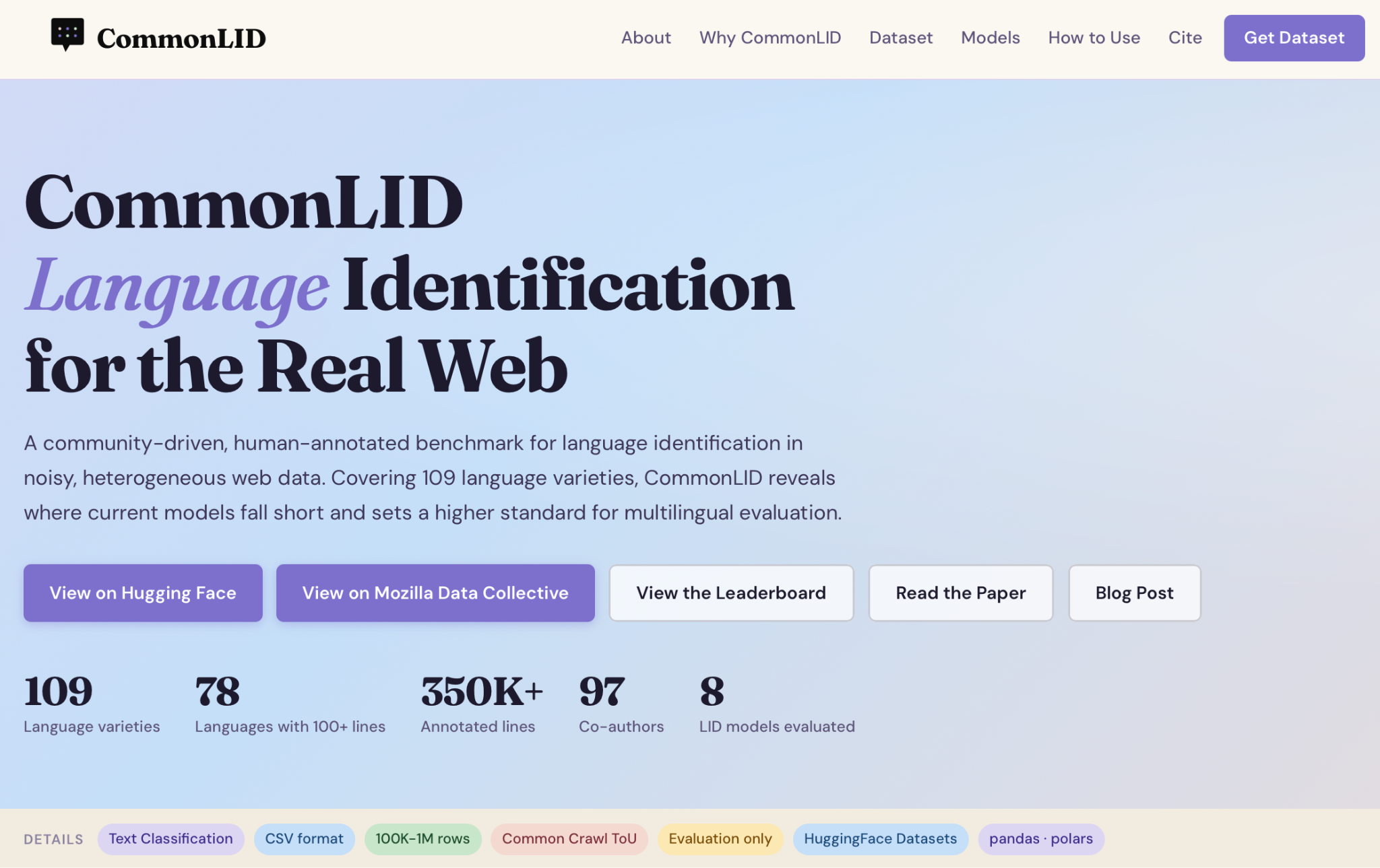 A screenshot of the CommonLID website