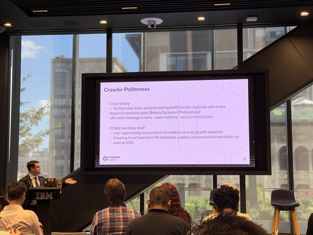 A photo of Pedro Ortiz Suarez presenting Common Crawl’s language efforts at IBM during the UN Open Source Week.
