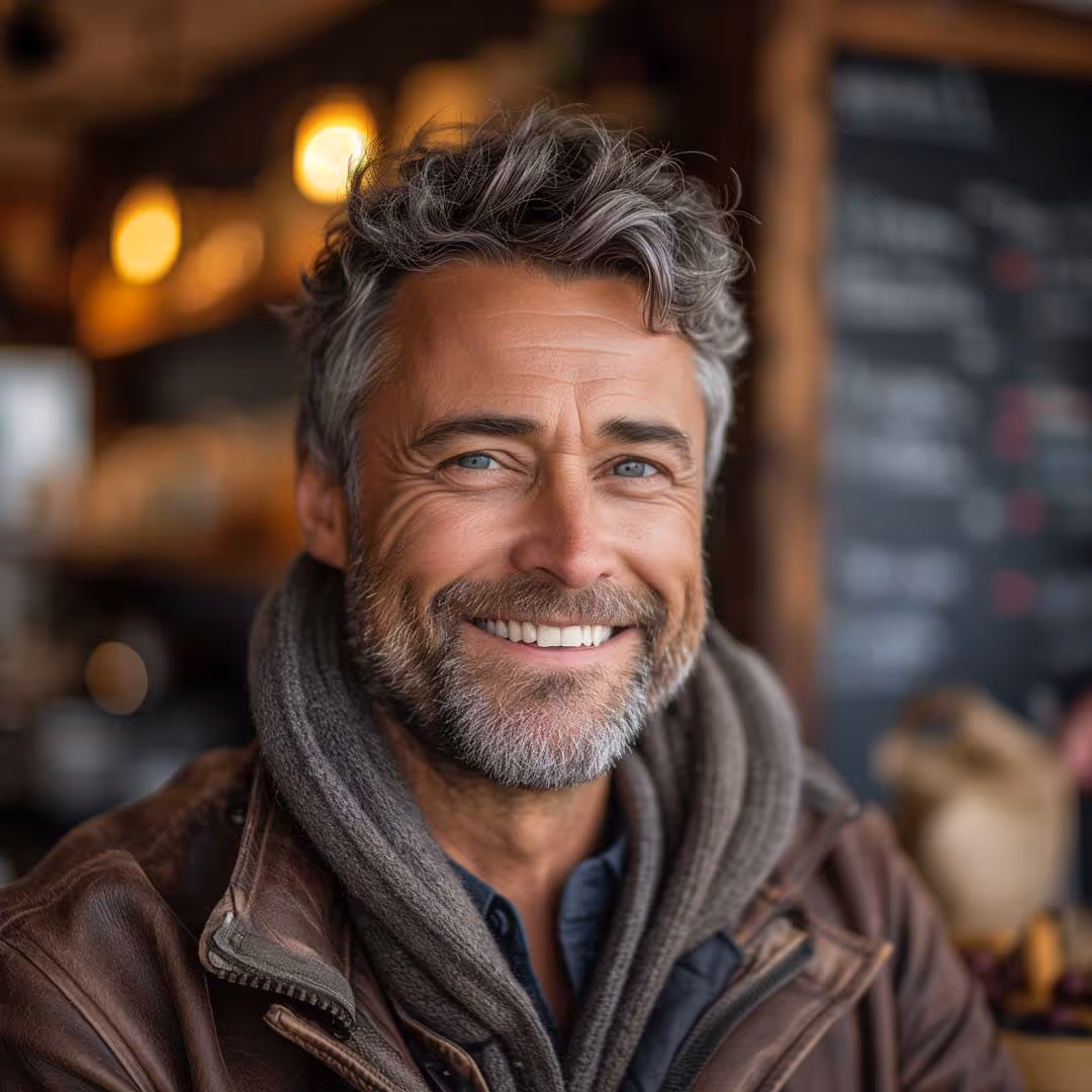 Middle-aged man smiling with his partial dentures 