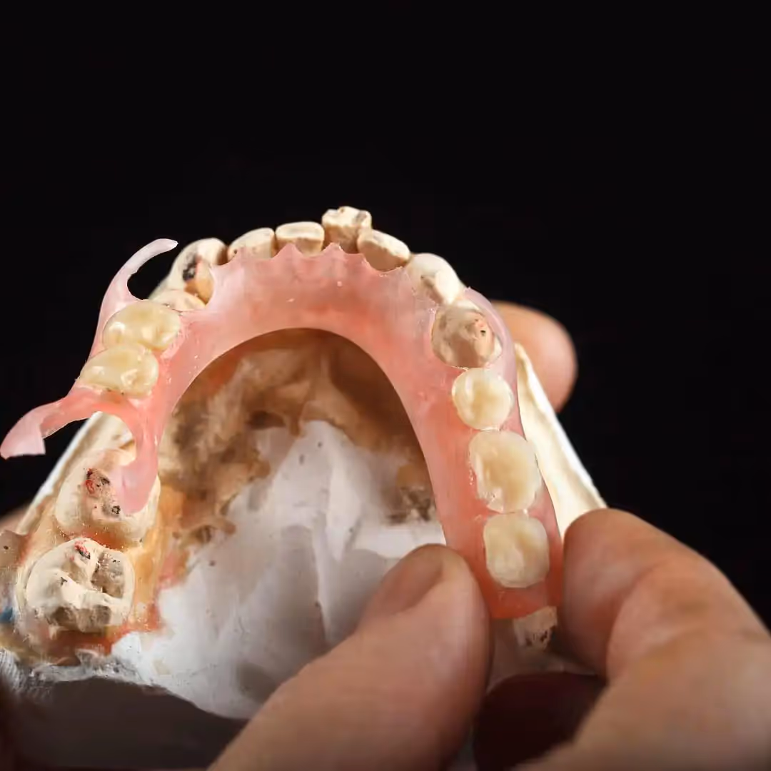 A partial denture on a gypsum base