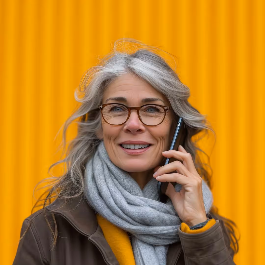 Middle age woman talking on her phone with her dentures