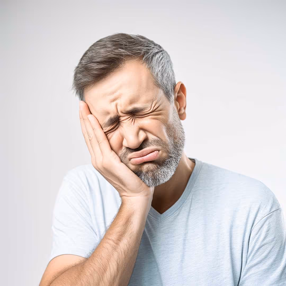 Middle aged man suffering from gum pain from dentures
