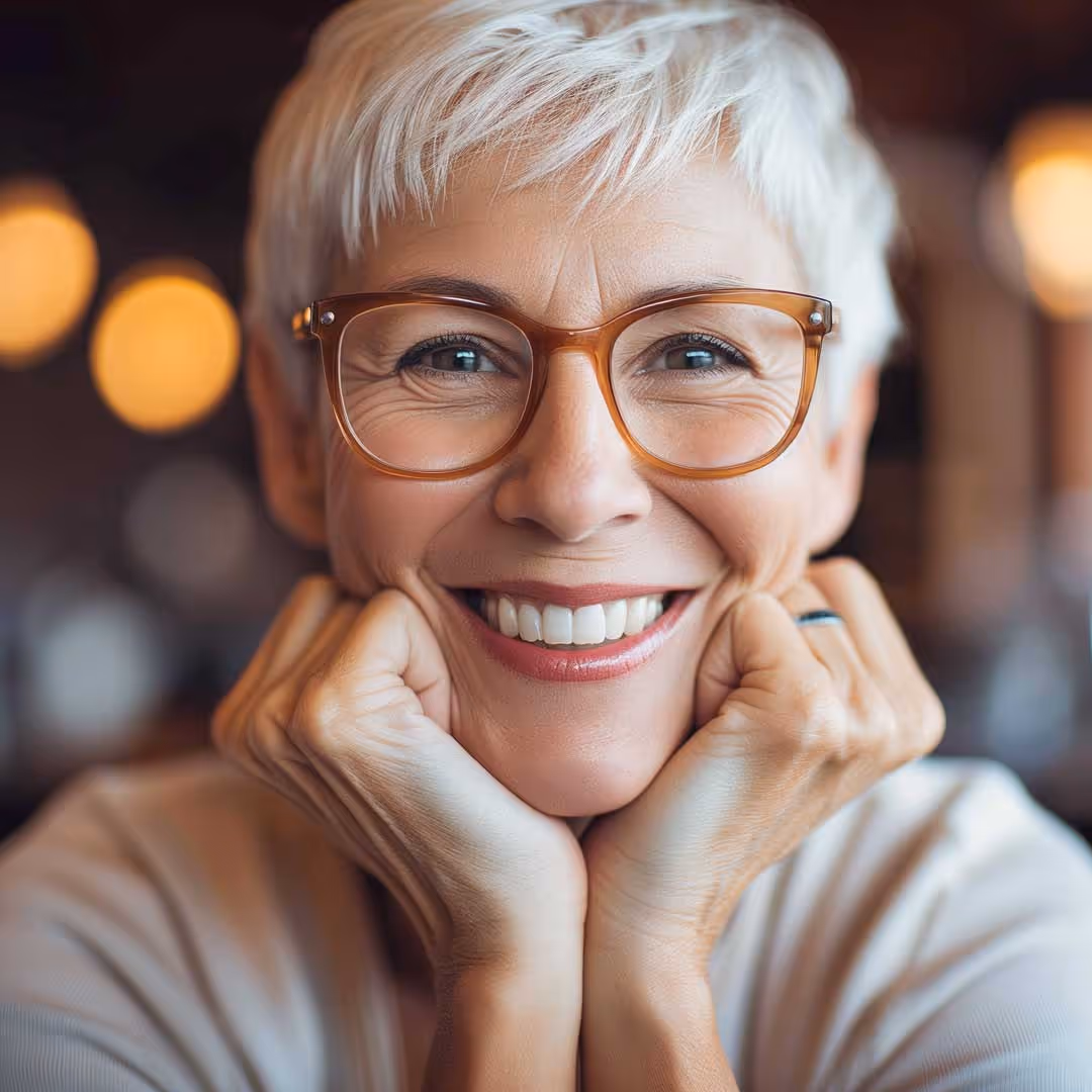 Middle-aged woman smiling with her dentures on