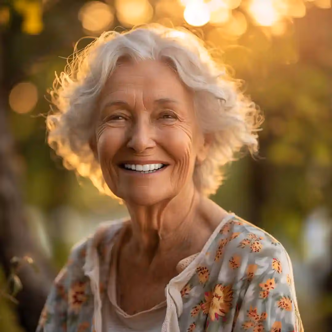 A senior woman smiling with her dentures.