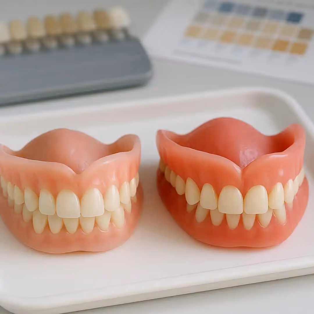 A set of two dentures for a comparison of color