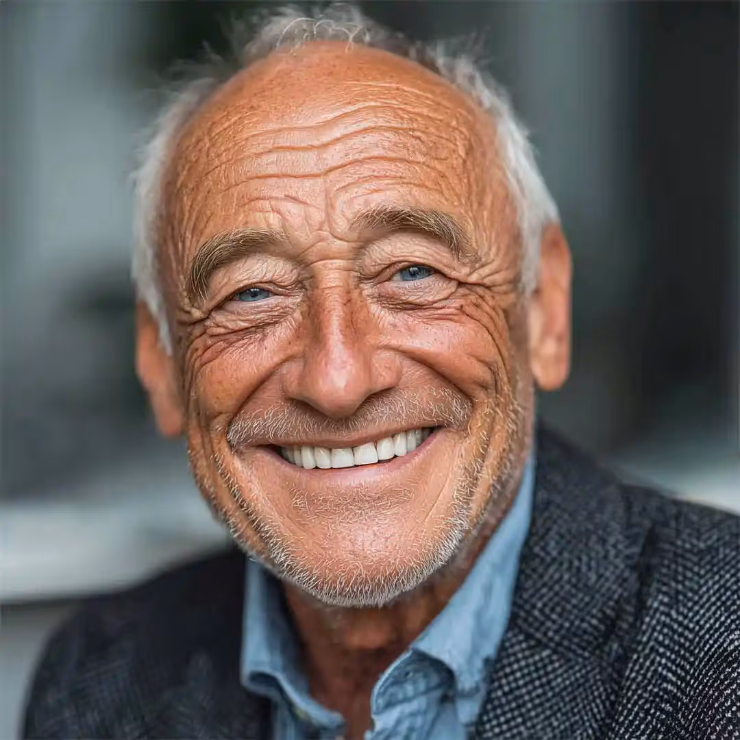 Elderly man showing of his pearly white dentures. 