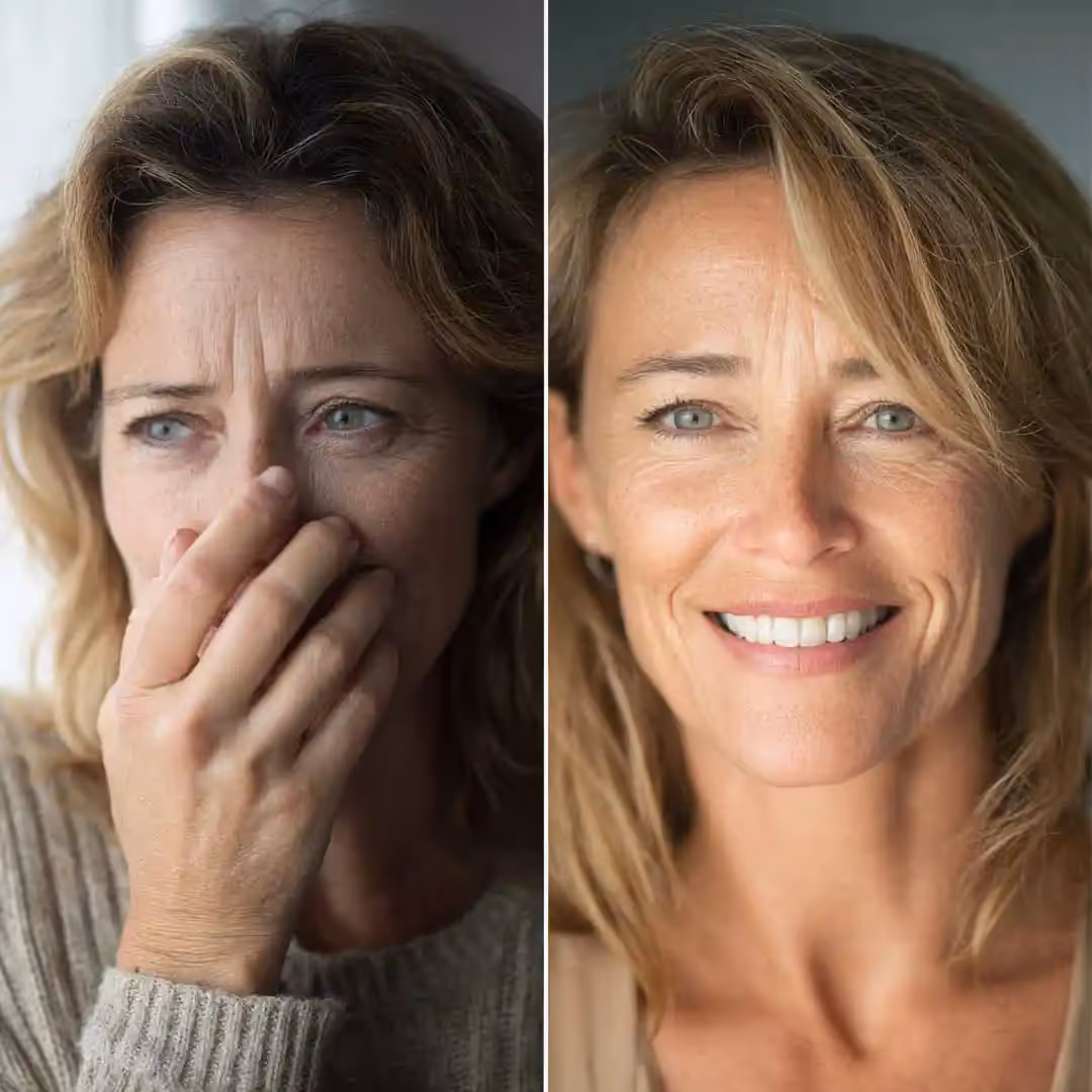 Middle aged woman showing before and after of having her dentures relined.
