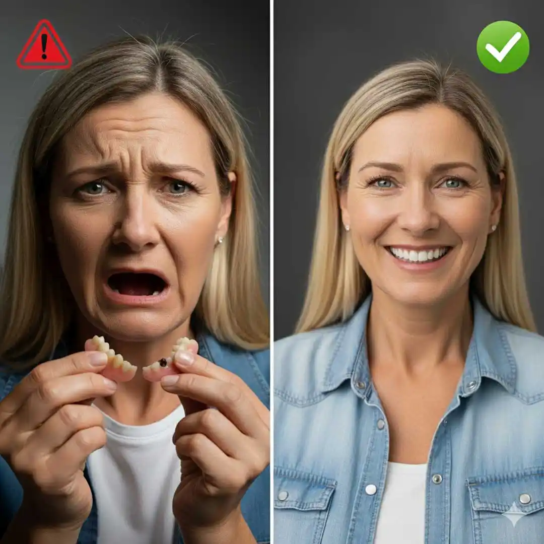 Compare and contrast image of DYI dentures and professional dentures. 