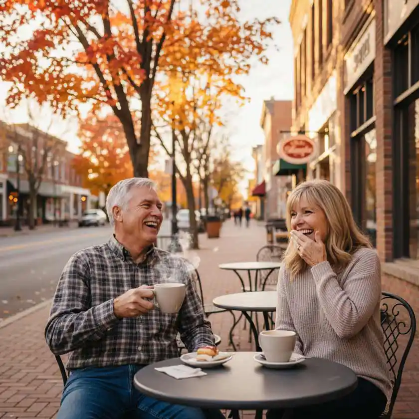 Middle aged couple enjoying a cup of coffee in the fall in Idaho.