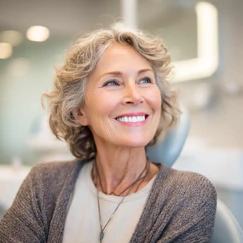A elderly woman enjoying her new smile.