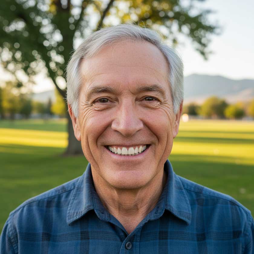 A man smiling with his new dentures.
