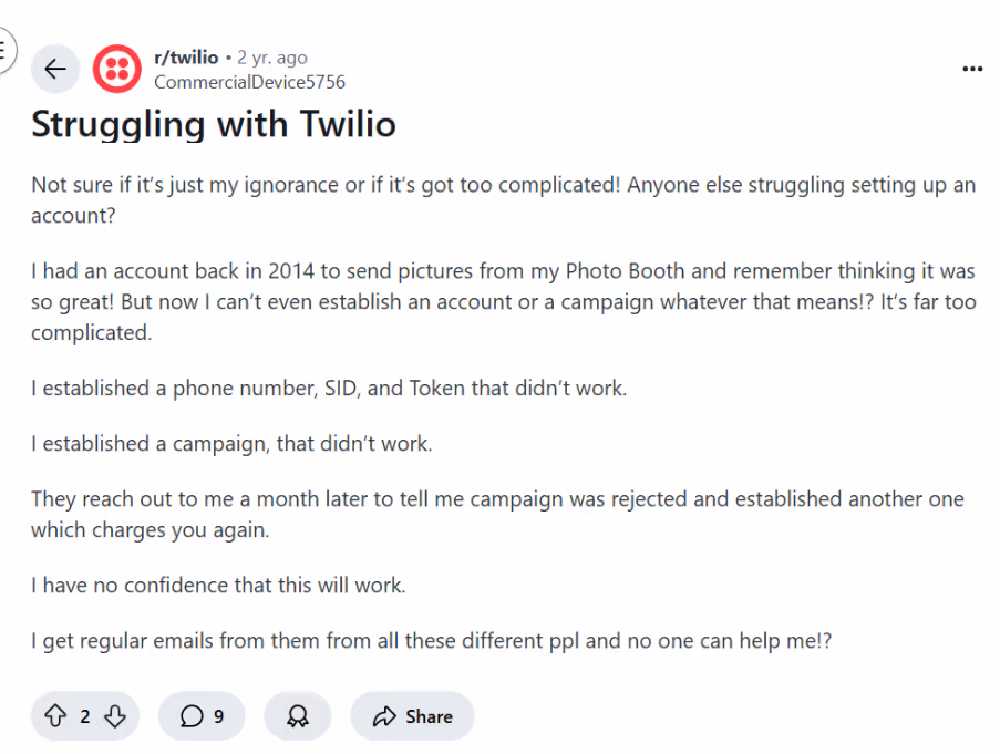 Screenshot of a Reddit post where a developer shares frustration with Twilio’s A2P campaign delays, vague error messages, and lack of real customer support
