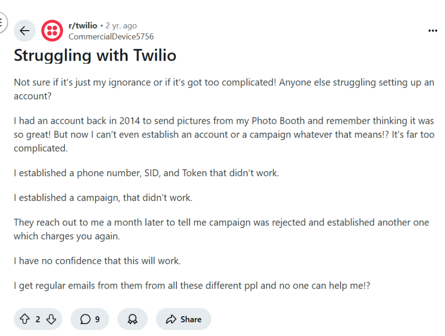 Screenshot of a Reddit post where a developer shares frustration with Twilio’s A2P campaign delays, vague error messages, and lack of real customer support