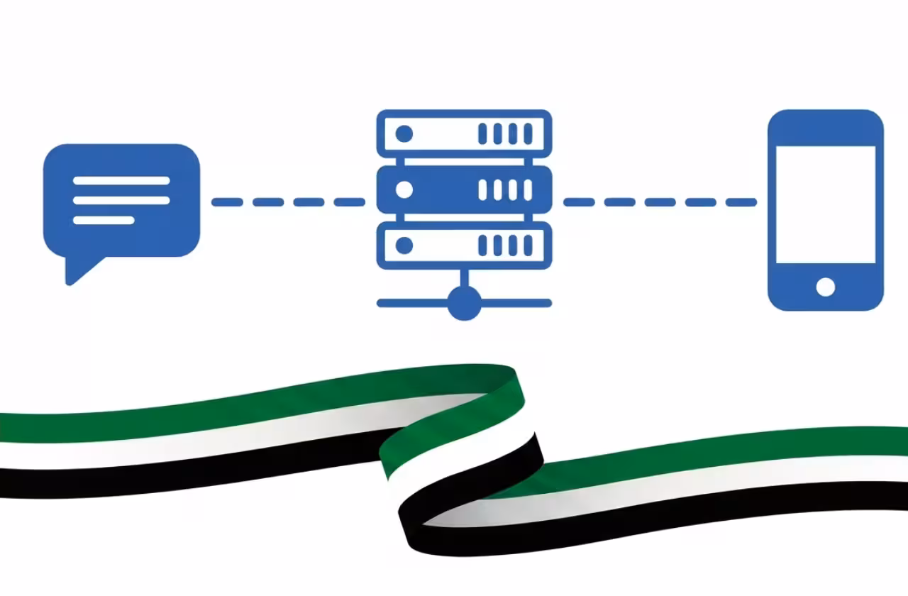 Best SMS Gateway in UAE: Features & Benefits" featuring a blue SMS gateway diagram with server icons connected to a mobile phone via message bubbles, and UAE flag ribbon