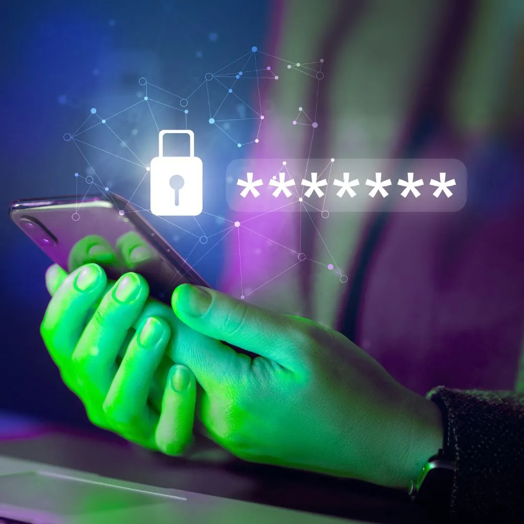 A person using a cell phone with a lock on the screen.