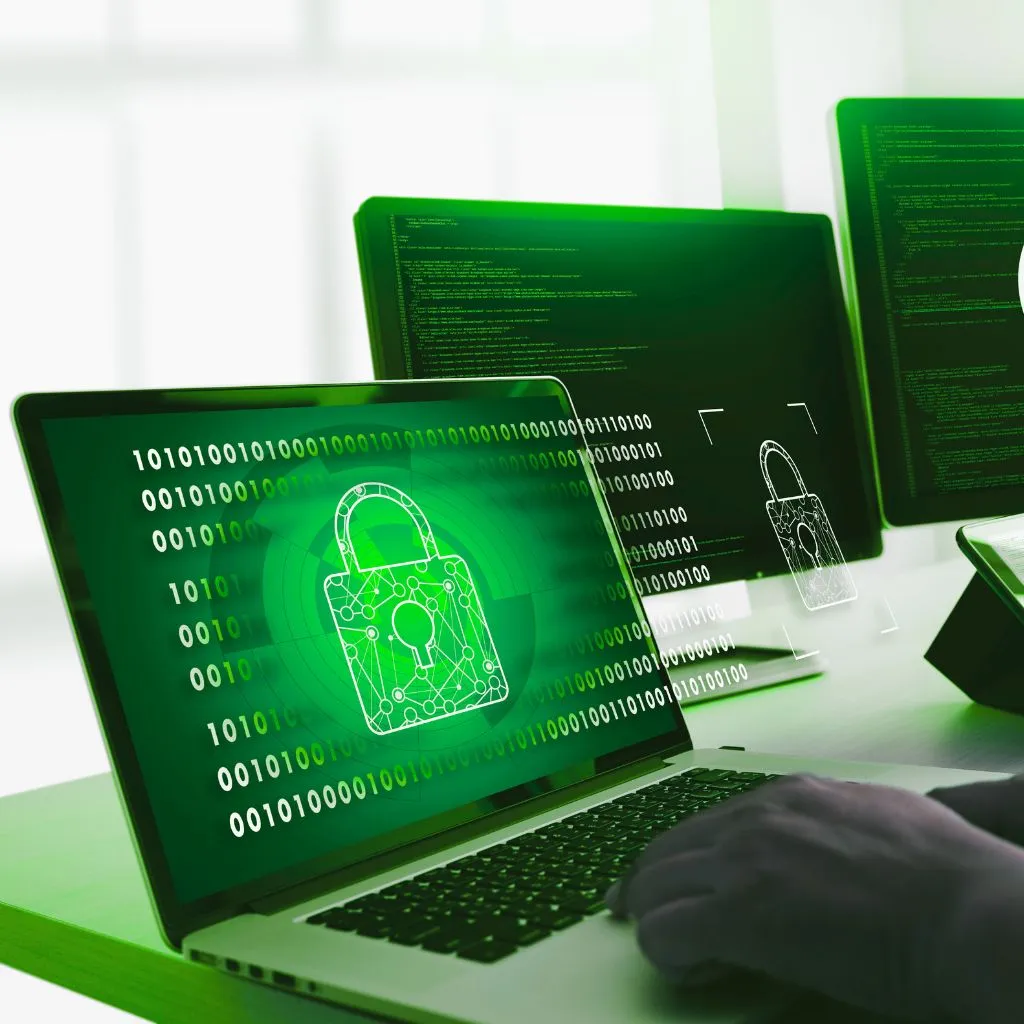 A person using a laptop with a padlock on the screen.