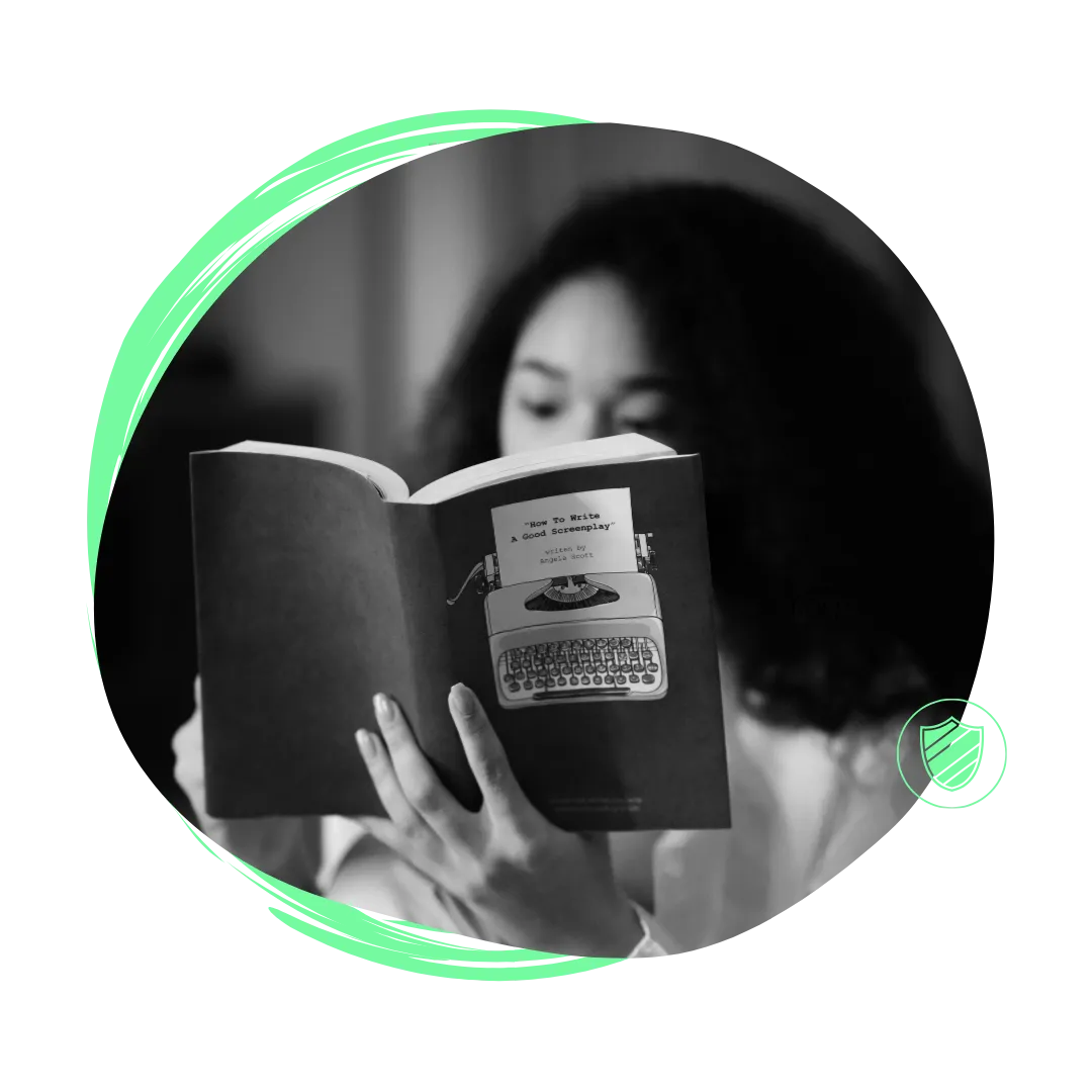 A woman reading a book with a green circle around her.